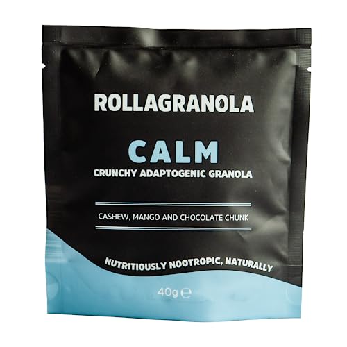 Rollagranola - Calm - Cashew, Mango & Chocolate Chunk Oat Granola 40g Serving. Gluten Free & Suitable For A Vegan Diet. Crunchy Adaptogenic Granola. Nutritiously Nootropic Naturally.