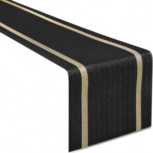 FAVE Woven Vinyl Table Runner Black Table Runner Woven with Golden Threads 120x12 Inches Heat Resistant Dining Table Mats for Wedding, Banquets, Birthday, Party, Restaurant (Black, 1PCS) by FAVE - Used condition - US$8.35
