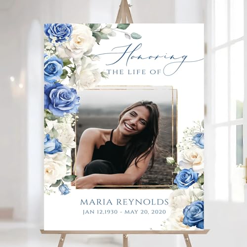 Funeral Welcome Sign, White Blue Rose Celebration of Life Welcome Sign, Memorial Sign, Funeral Memorial Sign, In Loving Memory Sign, The Life of Funeral Sign, Celebration Of Life Sign #024