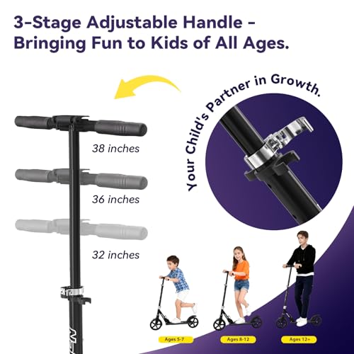 Image of Nattork Kick Scooter for Age 6+ Kids Teens Adults, Max Load 240 LBS, Adjustable Height Foldable with 8 inch Large Wheels, Anti-Shock Suspension