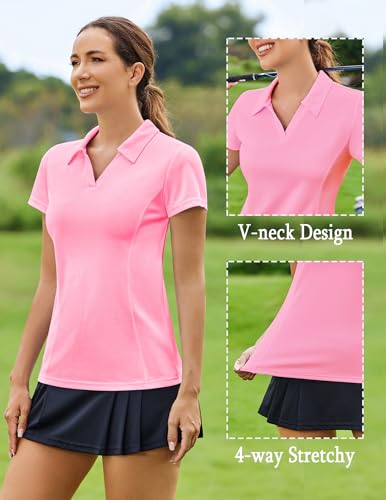 Image of PINSPARK Womens Golf Shirt Short Sleeve Polo V-Neck Quick Dry Tennis Tops | Moisture-wicking Breathable Fabric, Classic Collar, Slim Fit, Ideal for Golf Tennis Pickleball Casual