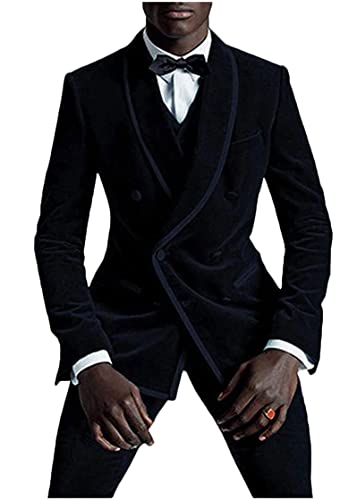 Costume velours bleu marine homme chic veste double boutonnage et col châle satiné