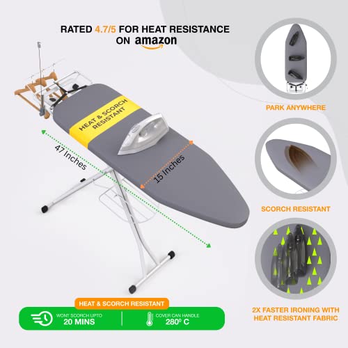 Xabitat Full Size Ironing Board 57" X 15" W/Wall Mount Hanger | Full Metal Construction| Built In Iron Caddy | Heat & Scorch Resistant Fabric | Cord Holder | Anti-Skid Feet | Heavy Duty| Easy To Fold #TOP2
