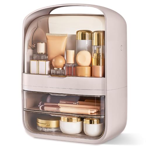 3-Tier Makeup Organiser Storage with 2 Drawers & Dustproof Cover Cosmetic Organisers Box for Countertop Bathroom Vanity, Large Capacity Skincare Beauty Jewelry Organiser Case Desk Storage Container