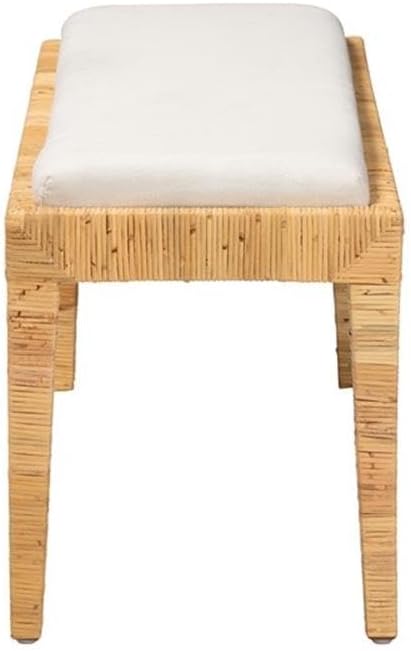 Pemberly Row Modern Mahogany Wood Bench, Natural Brown Rattan Finish, Padded Rectangular Seat, Tapered Legs, Bohemian Style Living Room Bench, 48 in Wide Fully Assembled Design