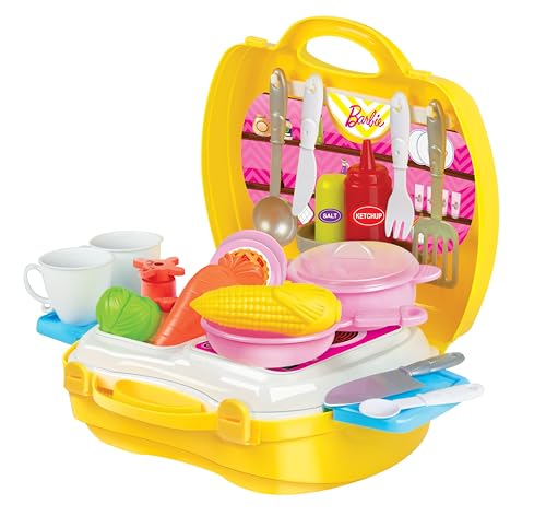 Amazon Brand - Jam & Honey Barbie Kitchen Set for Kids | Pretend Play Suitcase Toy with Realistic Cooking Accessories | Non-Toxic | Age 2+ Years