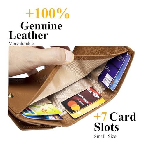 Image of Small Wallet Women Genuine Leather RFID Blocking Trifold Tiny Wallets with Snap Coin Pouch 7 Card Solts