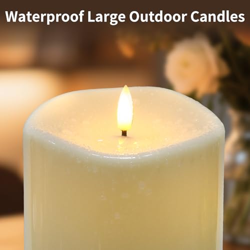 Image of Large Outdoor Flameless Candles, 5 inchx14 inch Battery Operated Electric Flickering Fake Candles with Remote, Waterproof Plastic Pillar Candles for Porch Lanterns Patio Decor (Ivory White, Set of 2)