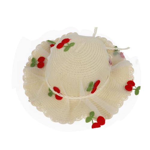 YJZQ Mädchen Süßer Strohhut Kinder Sommer Geflochten Sonnenhut Spitze Strandhut mit Kirsche Dekoration Verstellbarer Fischerhut Kleinkind Schöner Freizeithut für Camping, Picknick, Strand