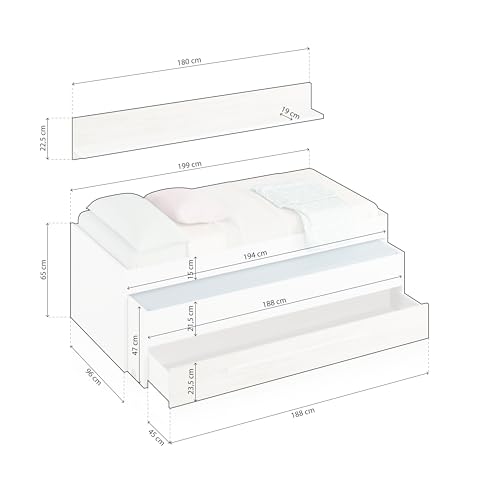 Miniatura 3 de Duehome Cama Nido Juvenil, 2 Camas Cajon Estante, Cama Infantil, Modelo Nuit, Acabado En Blanco Artik Y Blanco Velho, Medidas: 199 Cm Largo X 96 Cm Ancho X 65 Cm Alto