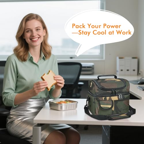 Tirrinia Reusable Lunch Box for Men Women, Insulated Lunch Bag Adult Work, Double Decker Leakproof Lunchbox for Office Picnic Beach—Dual Compartment Lunch Cooler Bag,Camo by Tirrinia - Image 2