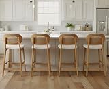 EALSON Counter Height Bar Stools Set of 4 Rattan Back Farmhouse Barstools Mid Century Modern Bar Chairs with Natural Wood Legs Comfortable Leather Upholstered Kitchen Island Chairs, White