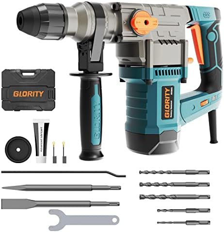 GLORITY 1-1/4 Inch SDS-Plus 13 Amp Heavy Duty Rotary Hammer Drill with Aluminum Alloy Housing, Safety Clutch 4 Functions and Variable Speed, Including 5 Drill Bits, Flat Chisels, Point Chisels. RH20A