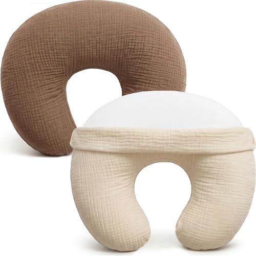 Image of Pro Goleem Muslin Nursing Pillow Cover, 100% Cotton Soft Breathable Feeding Pillow Slipcover for Breastfeeding Moms, Fits Standard Infant Nursing Pillow, for Boys and Girls, 2 Pack (Brown&Beige)