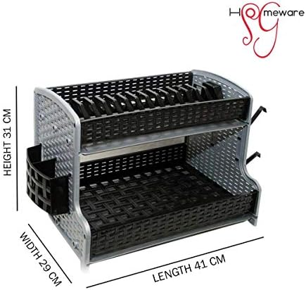 Galaxy 2 Tier Large Dish Drainer Rack Tray Utensil Cutlery Kitchen Plastic (Black)