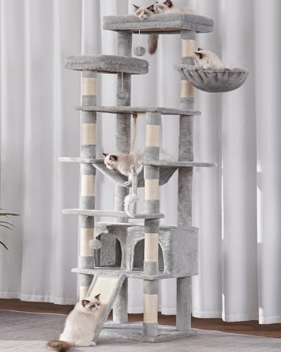 Image of Heybly Tall Cat Tree 78-inch Multi-Level Cat Tower for Indoor Cats HCT033W | Cat Condo with 2 Widened Plush Perches, Multi-Level Cat Furniture with Scratching Board, Big Caves, Light Gray