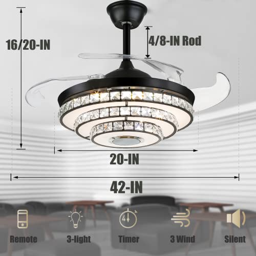 Fandian 42" Modern Fandelier Ceiling Fan With Light,Smart Bluetooth Crystal Chandelier With Music Player, Rgb Dimmable Lighting, Retractable Reversible Fan For Living Bedroom #TOP2