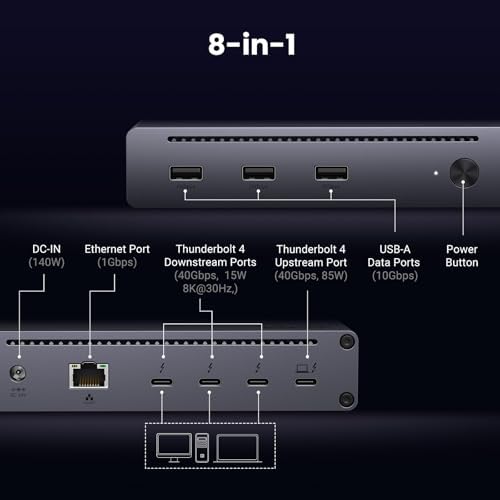 UGREEN 8-in-1 Thunderbolt 4 Docking Station, 40Gbps TB4 Hub, 3xTBT4 Dual 4K@60Hz or Single 8K Display, 85W Charging, Gigabit Ethernet, 3xUSB A 3.2, Revodok Max 208 Dock for Mac M1/M2/M3/M4 Pro/Max