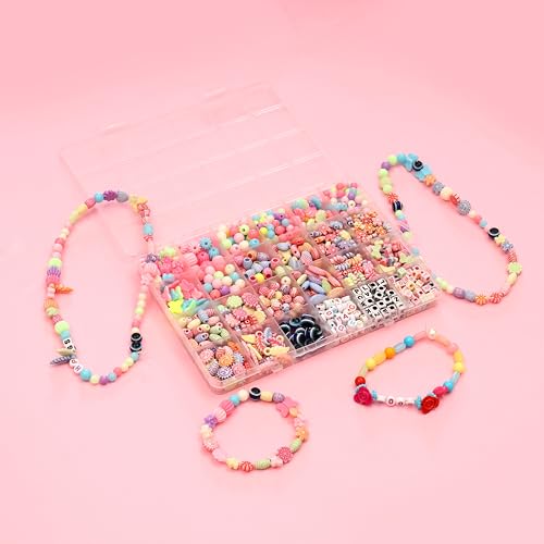 Image of ambitieux DIY Bracelet Making Kit - 800 + pcs 24 Colorful Beads, 10m Elastic Thread, Jute Bag, and Cutter - Gift for Girls Birthdays (Multicolor Mix 1)