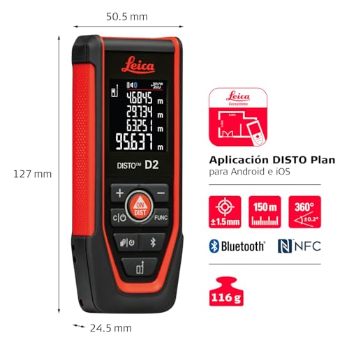 Leica DISTO D2 - Metro láser multifunción con NFC y Bluetooth (para uso de aplicaciones), pieza final desplegable (detección automática) y sensor de inclinación para mediciones en interiores - imagen 2