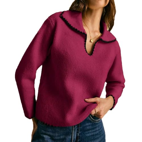 Women Lapel Collar Striped Color Block Pullover Sweater Casual Long Sleeve Drop Shoulder Split Side Sweater Tops