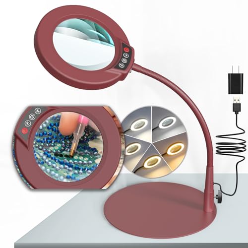 Krstlv 10X Magnifying Glass with Light and Stand, 5 Color Modes Stepless Dimmable LED Lighted Desk Lamp, Hands Free Flexible Gooseneck Magnifier with Light for Craft Hobby Painting Close Work - Red