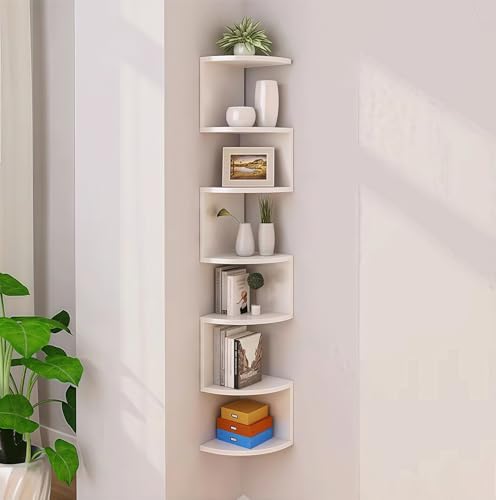 Image of FRAWENLECO 7-Tier Corner Shelf Wall Mount, 12mm Thickened Screw-Mounted Floating Shelf with L-Shaped Brackets, Space-Saving Zigzag Storage for Bedroom, Living Room, Bathroom, Home Office – White