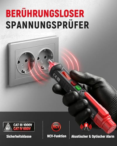 KAIWEETS Spannungsprüfer Berührungsloser NCV, Duale Empfindlichkeit 12/48–1000V AC Berührungsloser Phasenprüfer, Live/Neutral-Erkennung, Signalton & LED Alarm, CAT III 1000V, Taschenformat