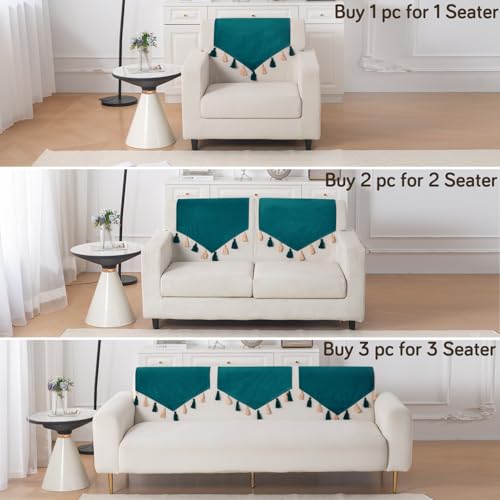 Image of HOKIPO Premium Holland Velvet Sofa Backrest Cover with Tassels - 'TasselTone Series', Teal (IN-1103-TL)