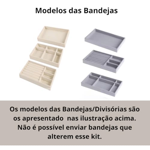 Kit 3 Bandejas Porta Joias Veludo Organizadora Bijuterias Cinza
