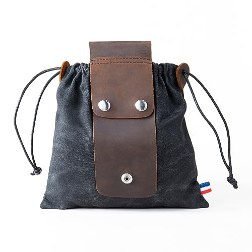 Tasche für Futtersuche Zusammenklappbar für Wandern, Faltbare Canvas Bushcraft-Tasche aus Leder und Leinwand mit Kordelzug für Camping Radfahren Klettern,Schwarz