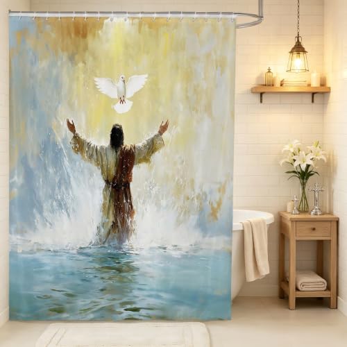 Manfei Man and Dove Kids Shower Curtains,Teal Yellow Baptism Spiritual Bathroom Curtain,Faith Ocean Belief Home Decor,Inspirational Verse Waterproof Curtains,12 Hooks Suits,72" W x 72" L by Manfei - Used condition - US$17.91