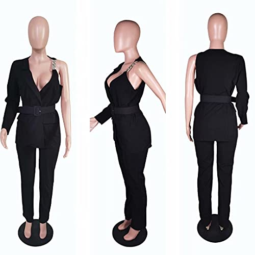 Women's Two Piece Button Long Sleeve Solid Asymmetrical Blazer And Elastic Waist Ombre Pant Set Suit Yellow L #TOP4