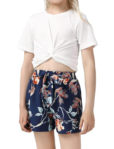 GERU Conjunto de 2 peças para meninas de verão com blusa curta e shorts estampados 3-12 anos, Branco