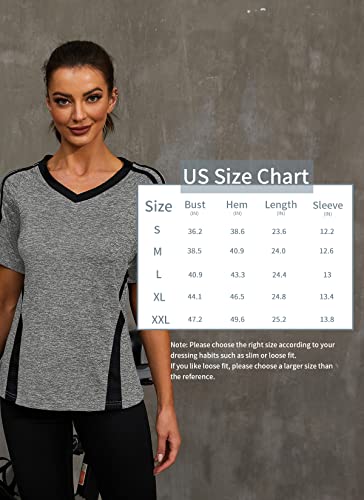 Hocosit Women's Yoga Tops Activewear V Neck Workout Shirts Exercise Running Dry Fit Tee Grey #TOP6