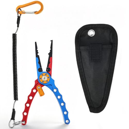 Multifunctional Fishing Pliers Aluminum Alloy Hook Remover Multi Line Cutters with Lanyard Carry Bag for Angler,Fishing Gear Gifts for Men(Red Blue,1)