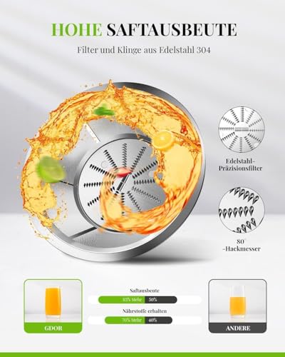 GDOR Entsafter 800W Juicer aus Edelstahl 76mm Großem Mund Entsafter Gemüse und Obst 3 Geschwindigkeitsstufen Juicer Machine Schnelles Entsaften Zentrifugaler Leicht zu Reinigen mit Bürste BPA-frei