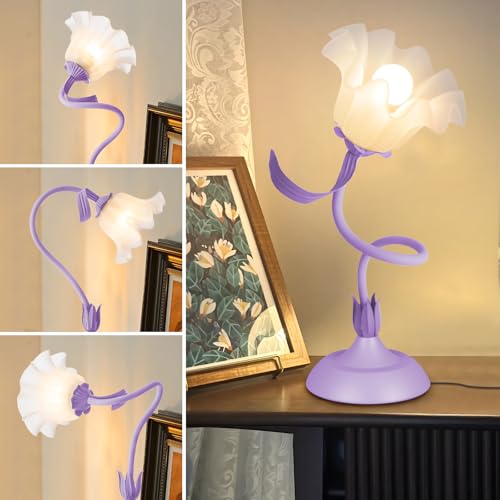 Women Bedside Table Lamps for Bedroom, Cute Flower Desk Lamp with Adjustable Flexible Gooseneck, 3 Color Temperatures Nightstand Lamp with E26 LED Bulbs, Floral Lamp for Living Room, Office,Reading — view 3