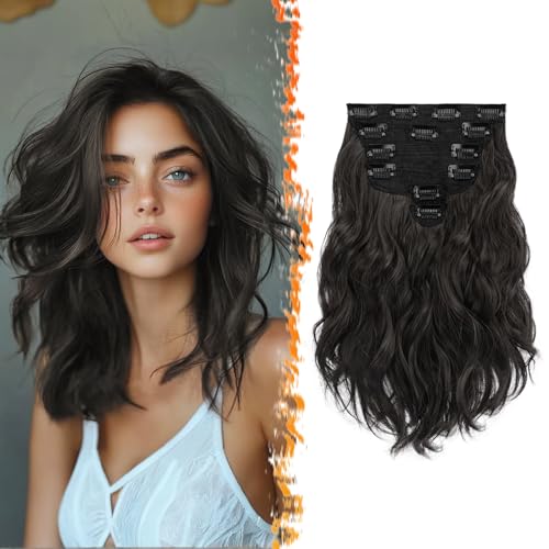 BARSDAR Extensiones de Clip de Pelo Negro Marrón, 30cm Ondulado Clip en Extensiones Cabello para Mujeres 6 Piezas Natural Sintética Postizos Cabello Extension   Negro Marrón