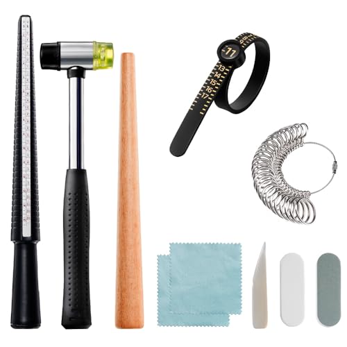 Meowoo 10-Piece US/UK Ring Mandrel Sizing Kit ï¼ŒRing Mandrel Set- Contains Finger Ring SizeMeasurer Ring, Ring Shaper to Fix Bent Ringsï¼ŒHammer, Ring Mandrel, Ring Size Adjuster etc.