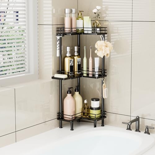 Consumest Corner Shower Caddy Standing - 3-Tier Stainless Steel Shower Organizer with Soap Holder and 4 Hooks, Large Capacity Corner Shelf Stand for Bathroom, Rest Room, Black by Consumest - Image 7