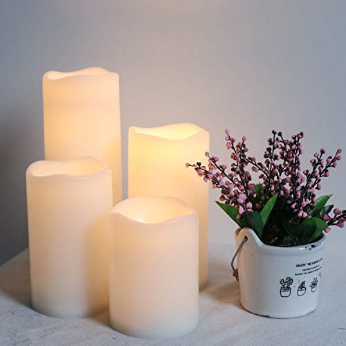 Eldnacele Waterproof Flameless Flickering Candles With 6 Hours Timer, Indoor Outdoor White Led Plastic Battery Operated Pillar Candles Pack Of 4 For Wedding Festival White, D3”X H4” 5” 6” 8” #TOP6