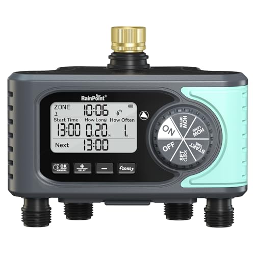 RAINPOINT Sprinkler Timer, 4 Outlets Hose Timer with Brass Inlet with Rain Delay/Manual/Automatic...