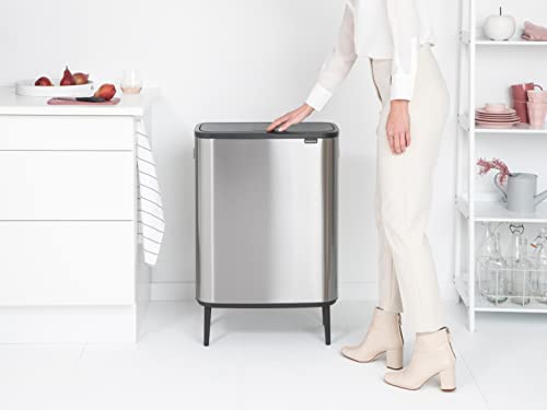 Image of Brabantia Bo Hi Touch Top Kitchen Trash Can with Dual Compartments & Raised Legs | Matt Steel Fingerprint Proof | 2 x 8 Gal Inner Buckets | Soft-Close, Light Touch Opening, Stay-Open Lid | +Trash Bags