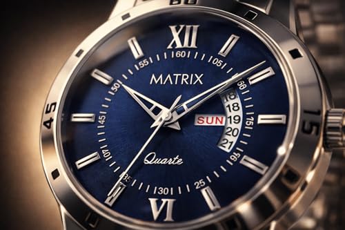 Matrix Antique Day & Date Leather Strap Analog Watch for Men & Boys (Blue - Silver) - Image 5