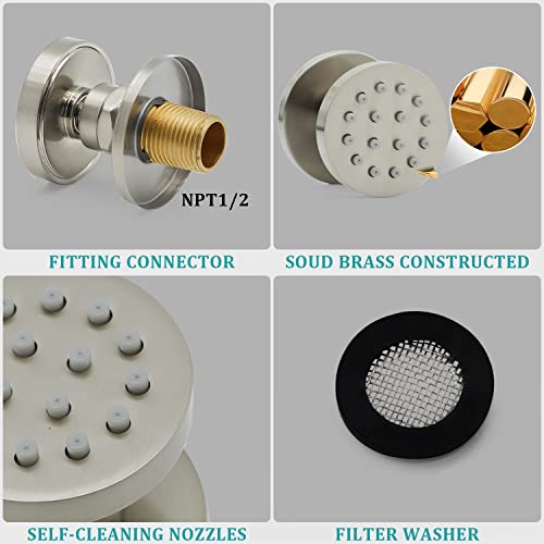 Shower Jets, HOMEDEC Round Brushed Nickel Brass Shower Body Spray, Shower Massage Wall Jet Can Swivel, Pack of 4 - Thumbnail 6