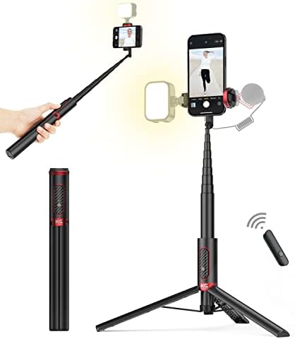 KraftGeek New 60" Phone Tripod, Selfie Stick Tripod with Remote, 2 Cold Shoes for Light and Microphone(Both not Included), Selfie Stick for iPhone and Android, Lightweight and Portable for Daily Use