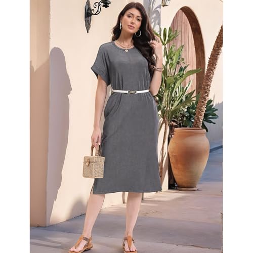 Image of Womens Casual T Shirt Dress Summer Fall Crewneck Loose Fit Side Split Knee Length Dress Ribbed Pattern with Pockets
