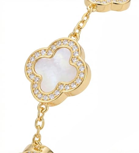 14k Gold Plated Clovers Bracelet with Sparkling Cubic Zirconia Stones, Dainty Four Leaf Clover Bracelet with Sunburst-Textured Center, Lucky Charm Jewelry Gift for Women (White) by Billet-doux - Used condition - Image 3