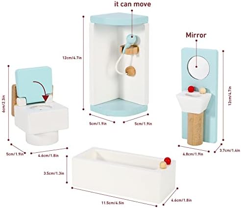 SOKA Wooden Bathroom Playset Pretend Play Doll House Furniture Set Realistic Miniature Display Model Figures Loo Bathtub Toilet Sink for Children Kids Girls Ages 3 year old +
